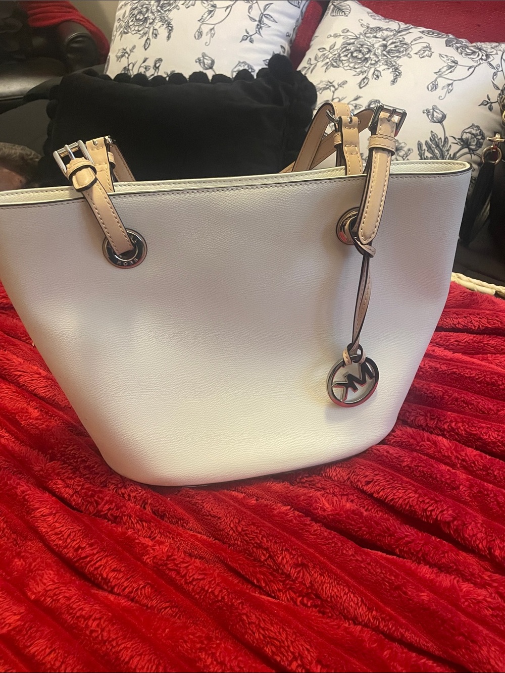 Michael Kors White Leather Tote with Tan Straps and MK Charm